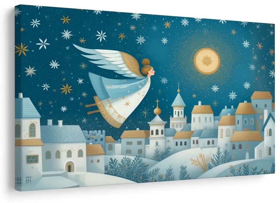 Vianočný obraz anjel nad zimnou dedinou