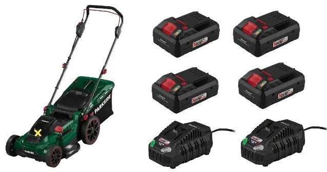Parkside® Aku kosačka na trávu Prma 40-Li D2 + Smart akumulátor 20 V/4Ah Paps 204 A1, 4 kusy + Nabíjačka 20 V/4,5 A, 2 kusy (800010670)