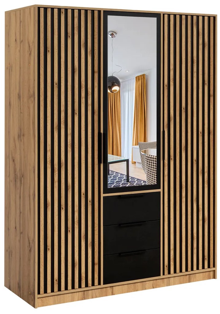 INDI LUX 3D šatníková skriňa so zrkadlom, dub wotan/ čierna