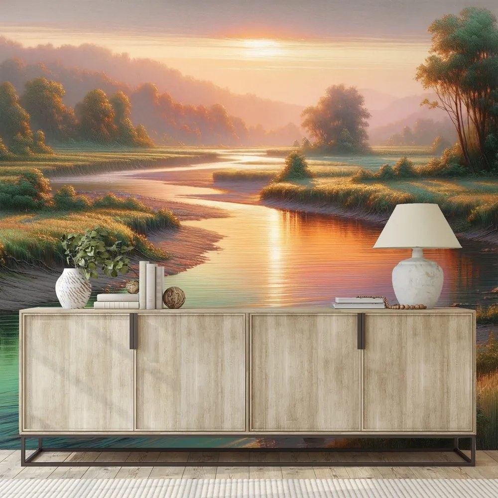 Samolepiaca tapeta západ slnka nad pokojnou riekou