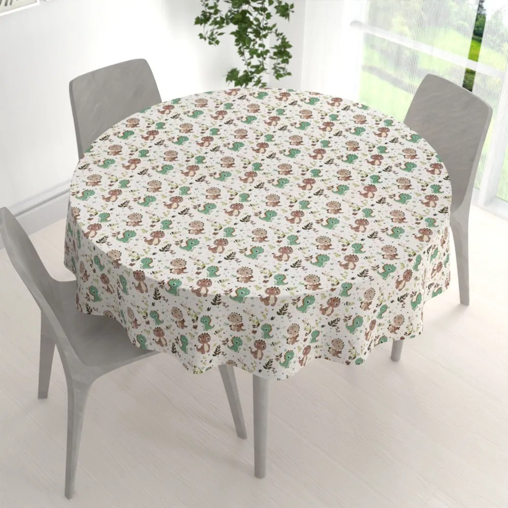Biante Detský bavlnený okrúhly obrus Sandra SA-657 Zeleno-hnedé dinosaury na bielom Ø 90 cm