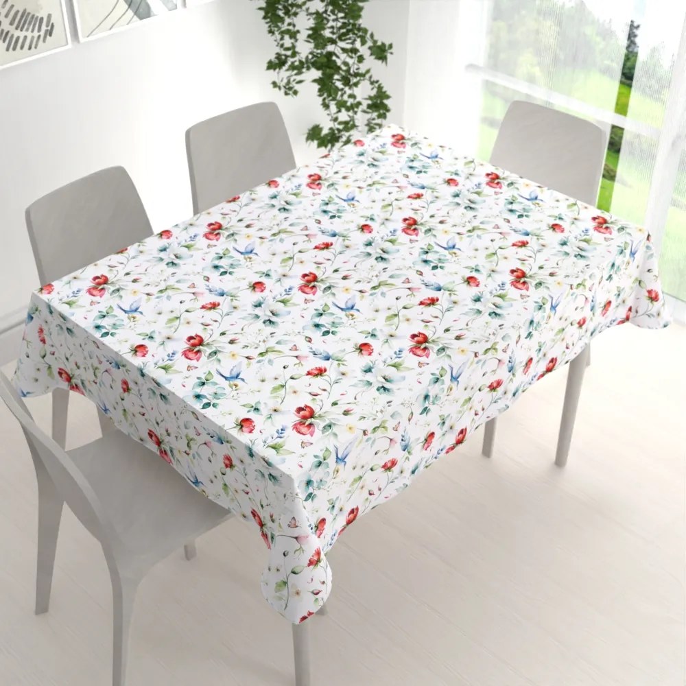 Biante Teflónový obdĺžnikový obrus TF-116 Akvarelové kvety s kolibríkmi na bielom 60x100 cm
