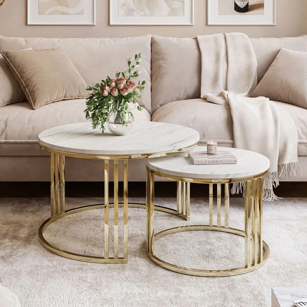 OKRÚHLY KONFERENČNÝ STOLÍK 2v1 LEONARDO 2 GLOSS CHROME BIELY MRAMOR + ZLATÝ