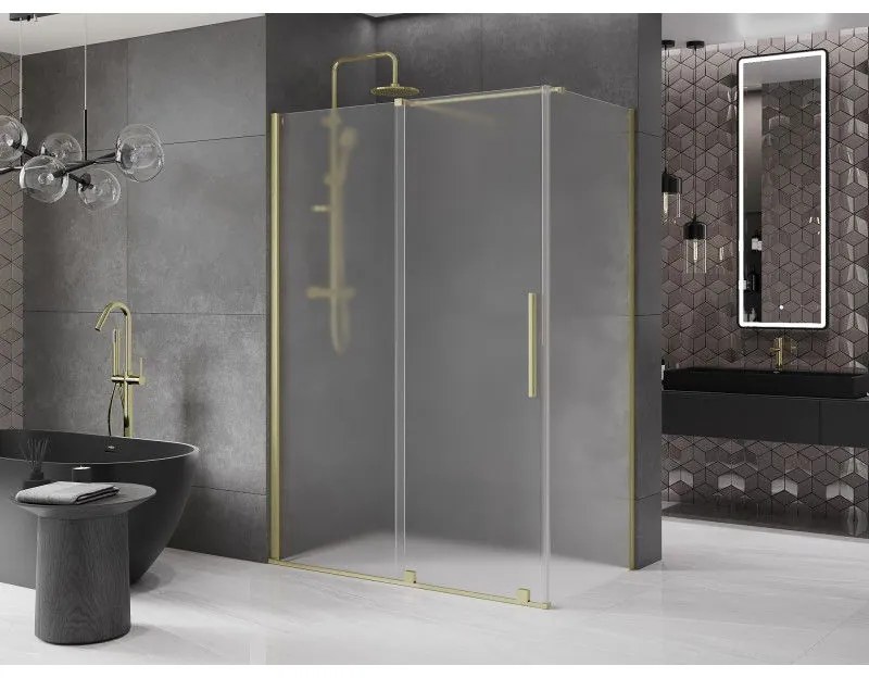 Mexen Velar, sprchový kút s posuvnými dverami 140 x 70 cm, 8mm sklo námraza, zlatá matná, 871-140-070-31-55