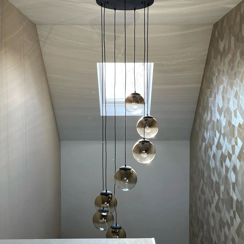 Inteligentné závesné svietidlo čierne so zlatým sklom 7-svetiel Vrátane 7 Wifi A60 - Pallon