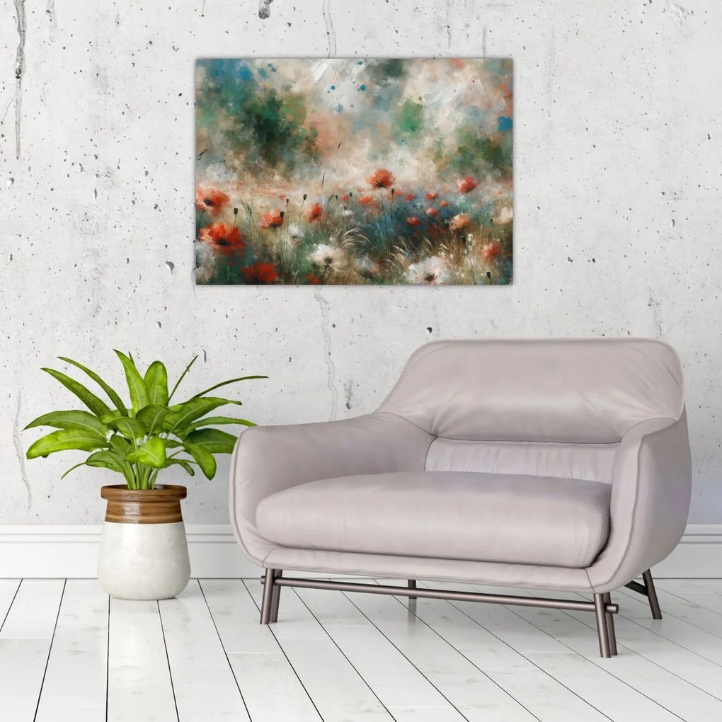 Sklenený obraz – Abstrakcia poľa s makmi (70x50 cm)