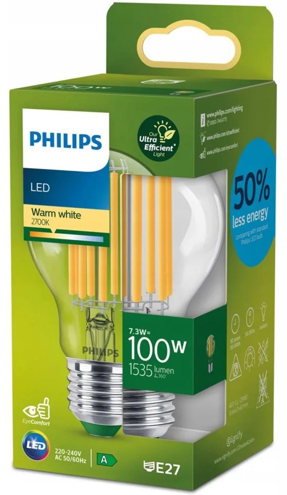 LED žiarovka E27 A60 7,3W = 100W 1535lm 2700K Teplé vlákno PHILIPS Ultra Efficient