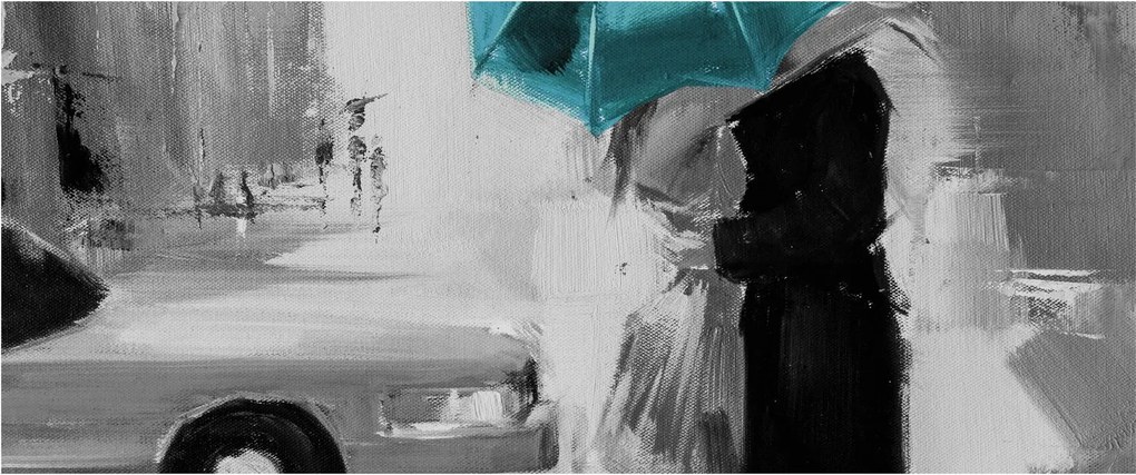 Obraz - Zamilovaný pár s dáždnikom, modrý (120x50 cm)