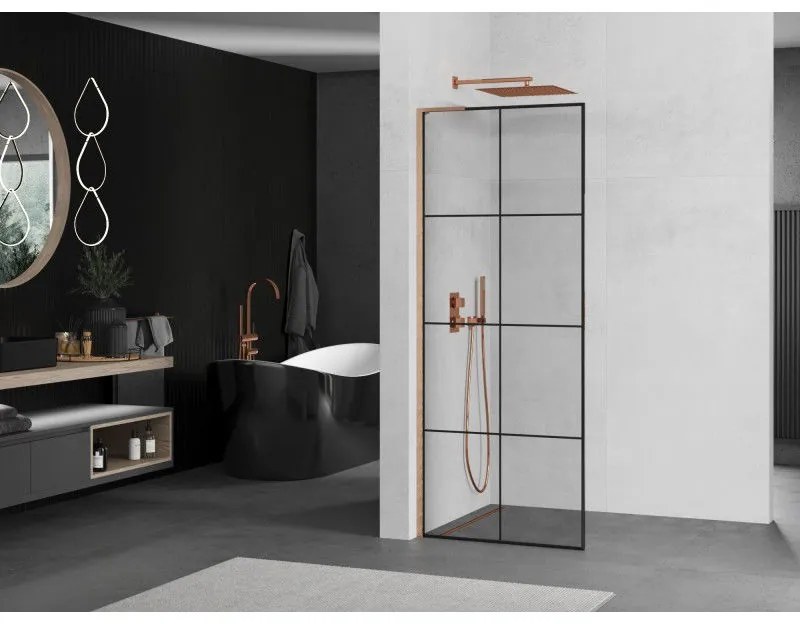 Mexen Kioto L, sprchová zástena Walk-In 90 x 200 cm, 8mm číre sklo čierny vzor, medený matný profil, 800-090-103-65-77