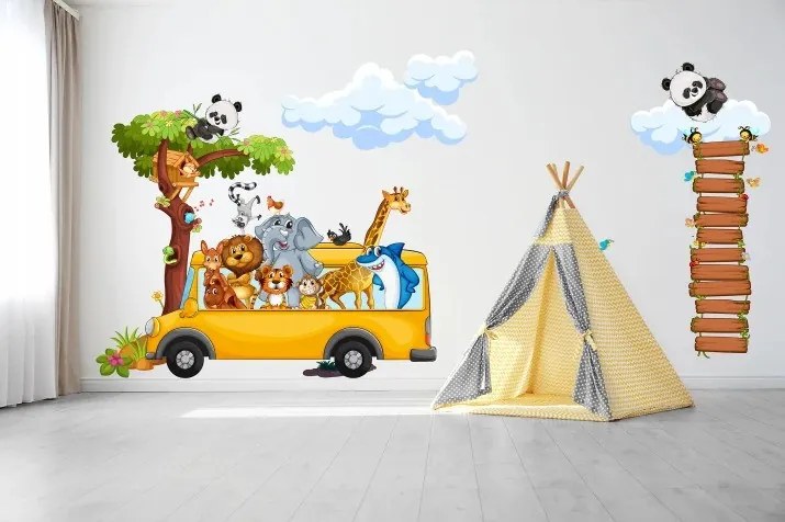 Nálepka na stenu pre deti veselé safari zvieratká v autobuse 100 x 200 cm