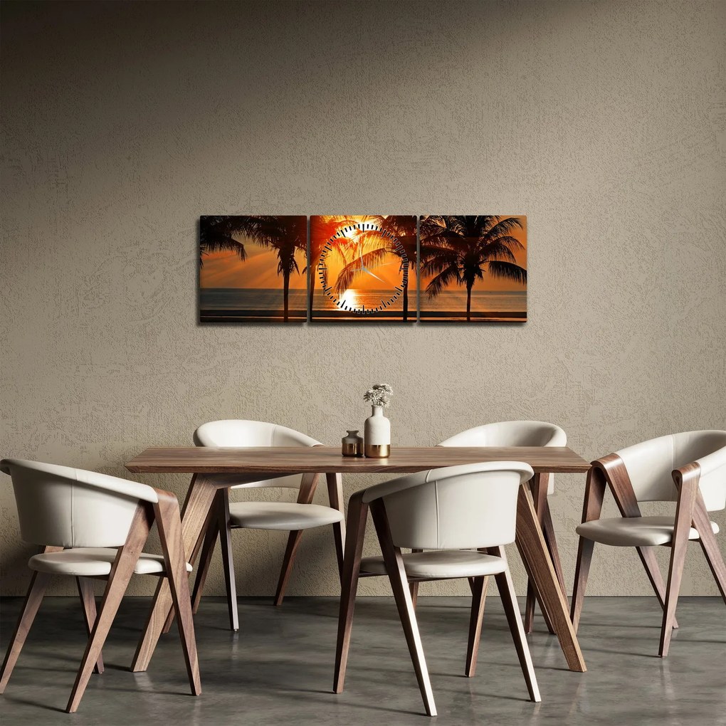 Obraz palmy v západe slnka (s hodinami) (90x30 cm)