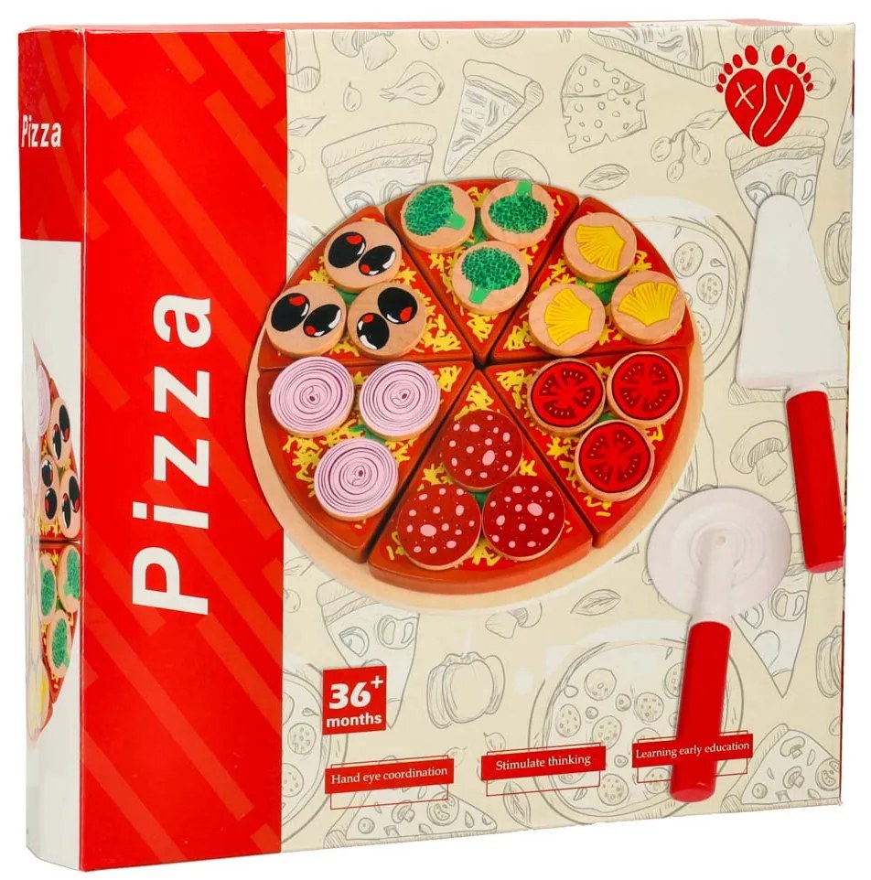 KIK Drevená hracia súprava Pizza s príslušenstvom na krájanie a zdobenie, 27 ks