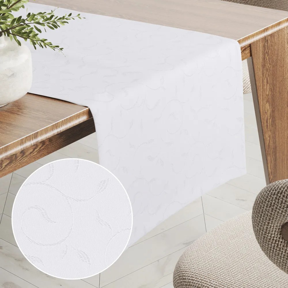 Biante Teflónový behúň na stôl TF-011 Popínavé lístky - studená biela 20x120 cm