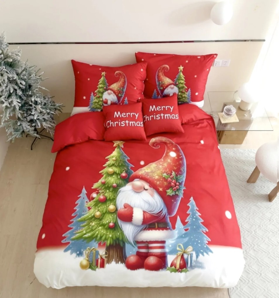3 dielne Vianočné Flanelové obliečky 3D polycotton Červený Trpaslík 200x140cm+90x70cm