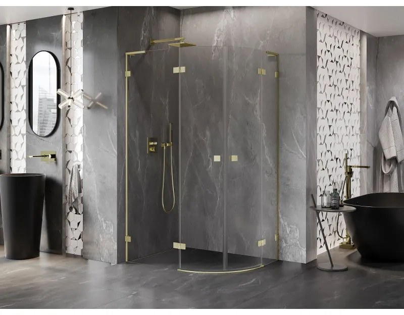 Mexen Lunar, L polkruhový výklopný sprchový kút 90 x 80 cm, 8mm číre sklo, zlatý matný profil, 833L-090L-080P-55-00