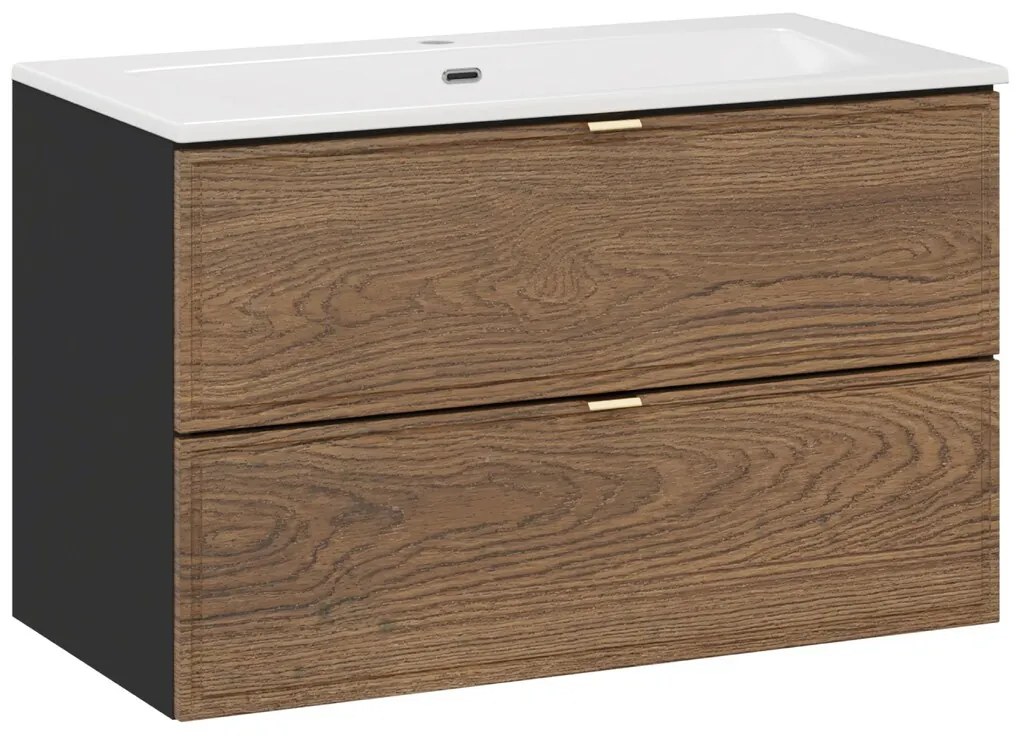 Závěsná skříňka Talia Casella se zápustným umyvadlem 80 cm černý mat/dub casella