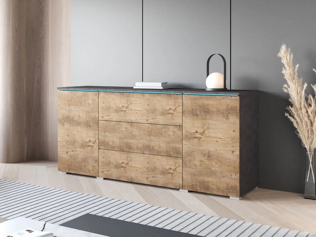 Komoda Sawoti 150, Farby: matera / matera + breslau gaštanov, Osvetlenie: osvetlenie LED RGB - farebné