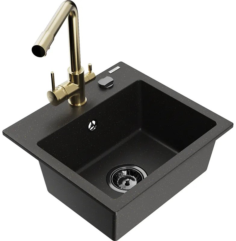 Mexen Milo, granitový drez 435x410x171 mm, 1-komorový a zlatá batéria Duero, čierna - zlatá metalíza, 6505-75-671600-50-B