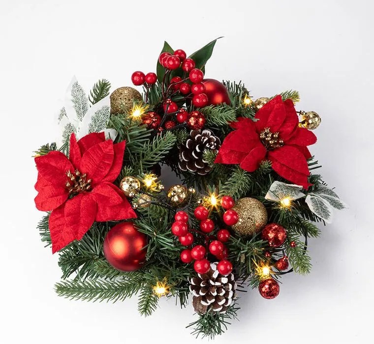 Vianočný veniec POINSETTIA s LED osvetlením, 30 cm