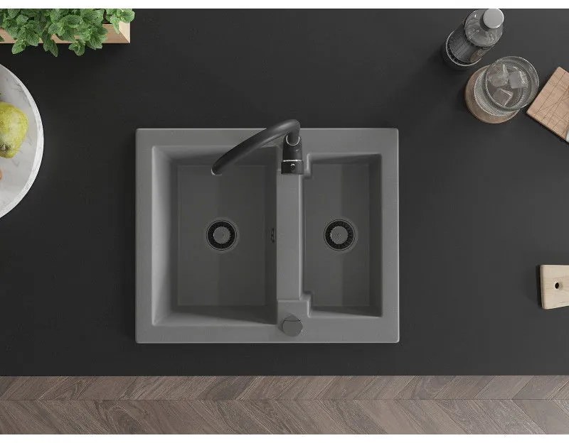 Mexen Carlos, granitový drez 582x475x177 mm, 1,5-komorový a čierna drezová batéria Telma, šedá, 6518-71-670200-70-B