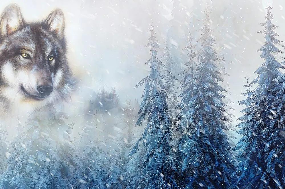 Samolepiaca tapeta vlk v zasneženej krajine