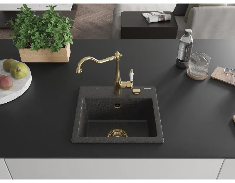 Mexen Milo, granitový drez 435x410x171 mm, 1-komorový a drezová batéria Carla, čierna škvrnitá, 6505-76-670700-50