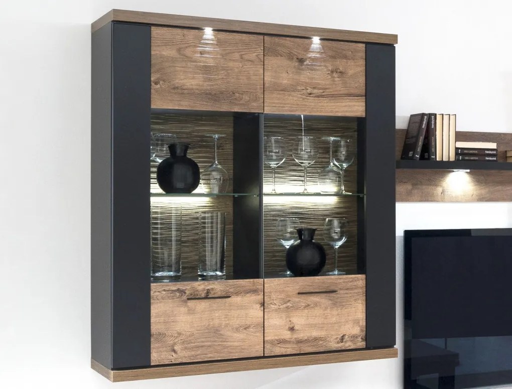 Široká nástenná vitrína Boston, čierna/dub ribbeck, s osvetlením
