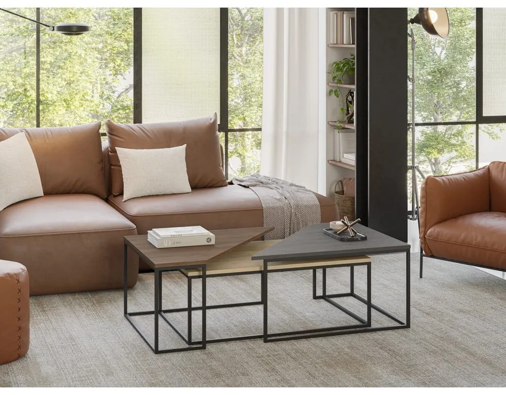 Konferenčné stolíky v súprave 3 ks s doskou v dekore orechového dreva v prírodnej farbe 70x110 cm Titan – Marckeric