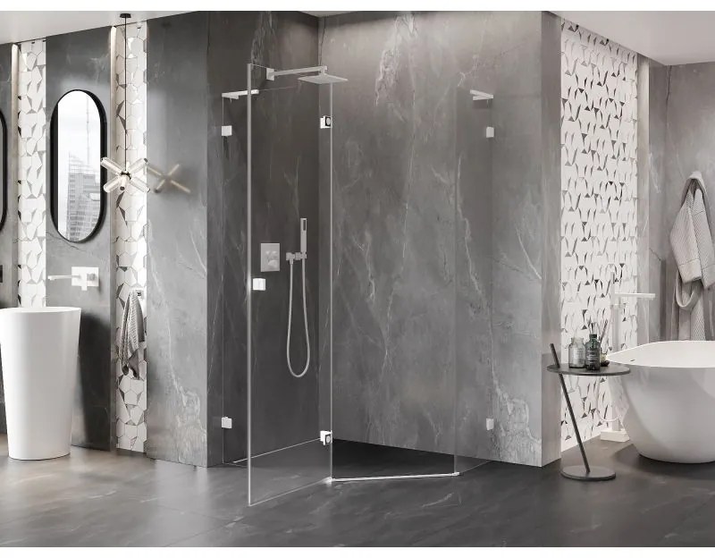 Mexen Lunar, L päťuholníkový sprchový kút naklápací doľava 90 x 80 cm, 8mm číre sklo, biely profil, 831L-090L-080P-20-00-L