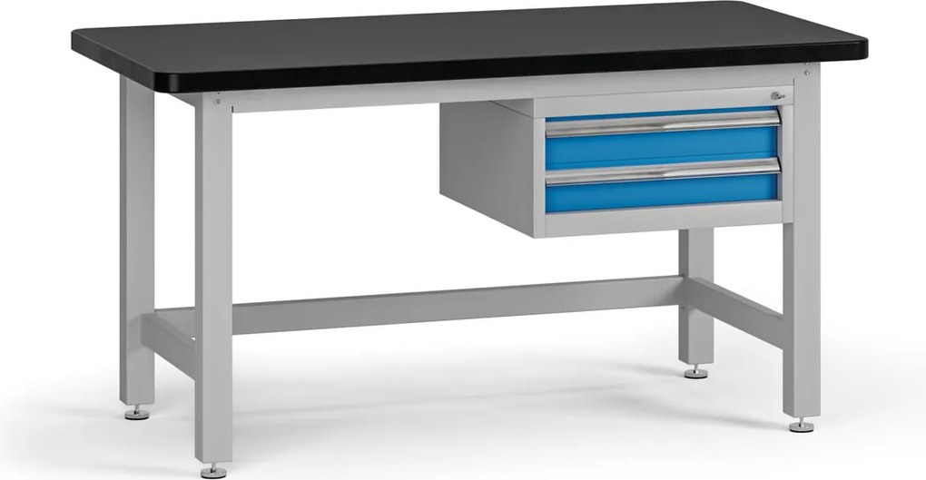 Pracovný stôl do dielne G4 so závesným boxom na náradie, MDF + PVC doska, 2 zásuvky, 1500 x 750 x 800 mm, modrá