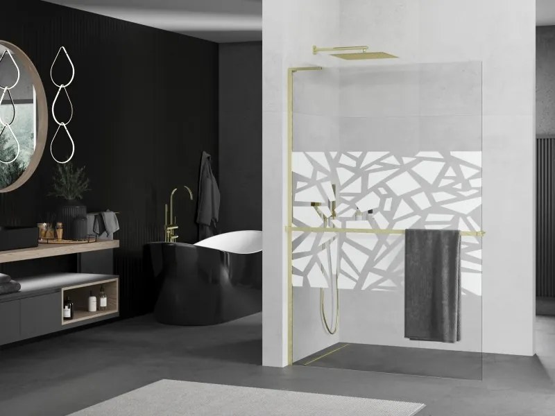 Mexen Kioto+ L, sprchová zástena Walk-In s poličkou a vešiakom 100 x 200 cm, 8mm číre sklo biely vzor, zlatý matný profil, 800-100-123-55-85