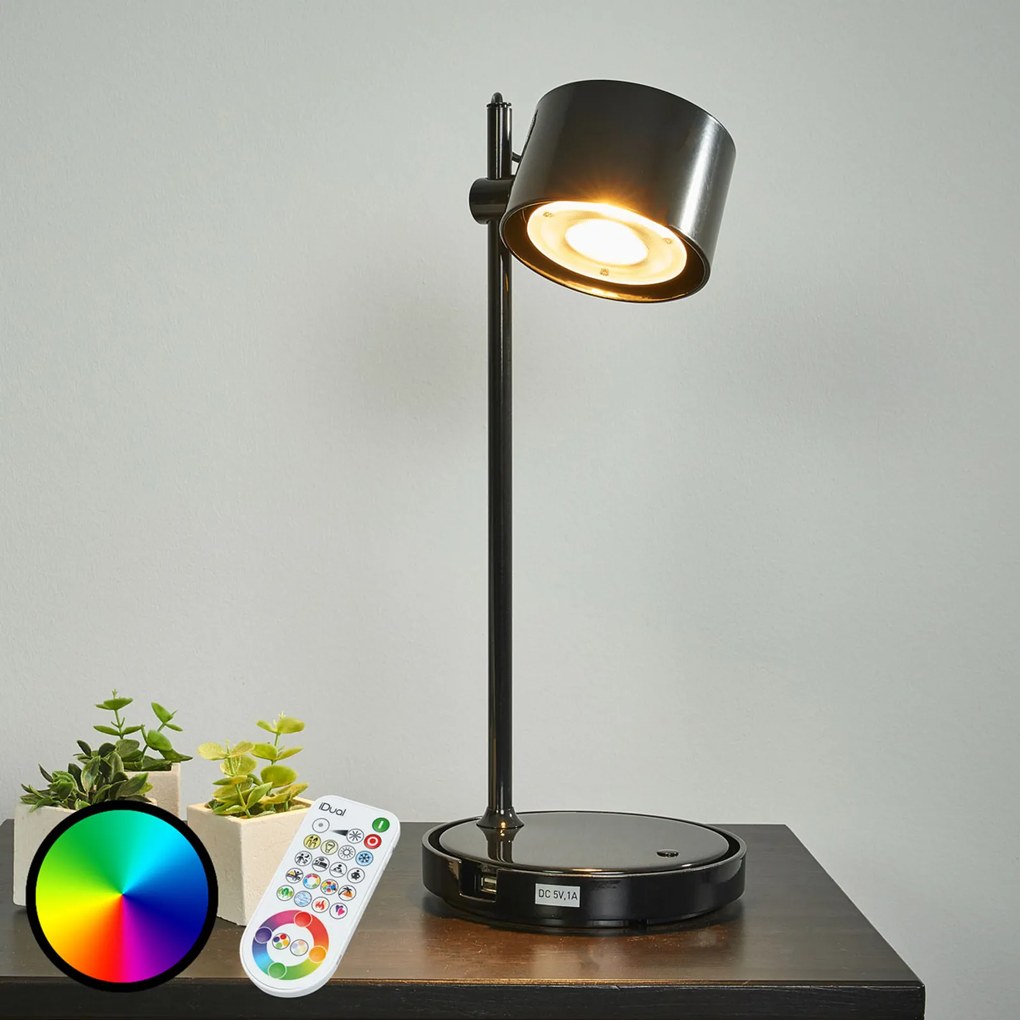 Čierna LED-iDual stolná lampa Jasmine s diaľkovým