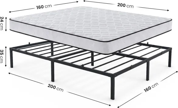 Kovová manželská posteľ 160x200 cm s pružinovým matracom, čierna