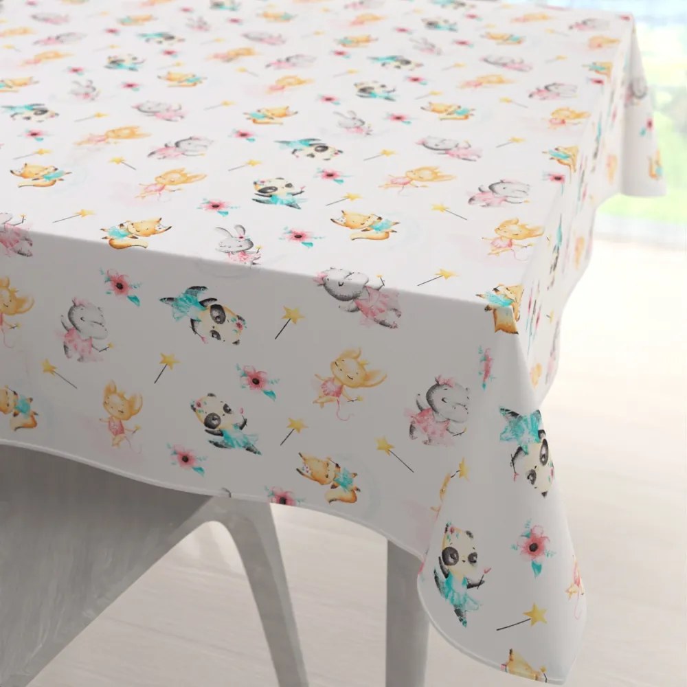 Biante Detský bavlnený štvorcový obrus Sandra SA-671 Zvieratká baletky na bielom 150x150 cm