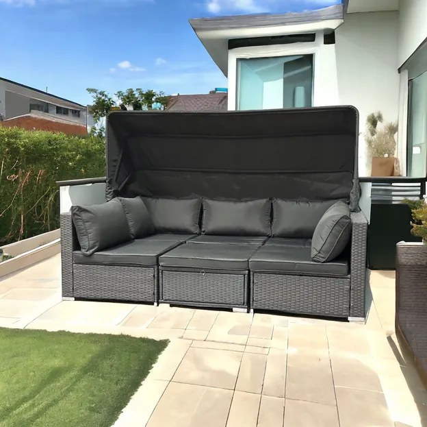 Sivý ratanový nábytok so slnečnou clonou - modulárny