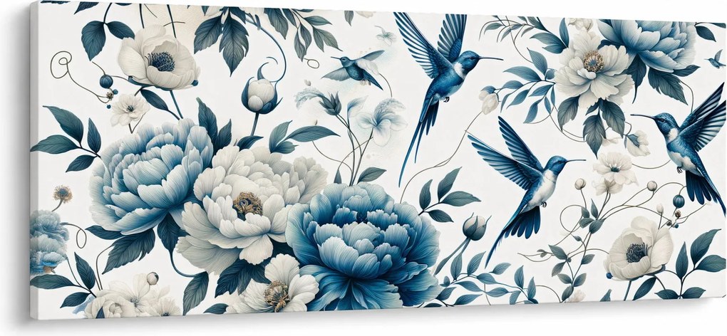 Obraz - Kolibríky s kvetmi (120x50 cm)