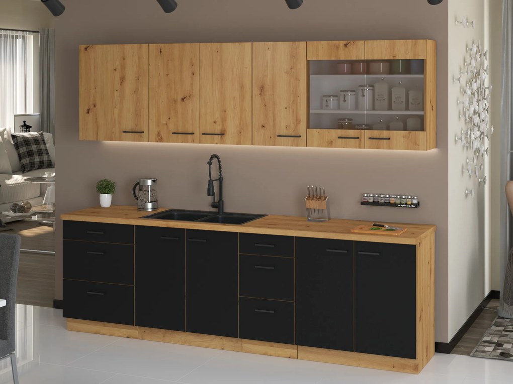 Kuchyňa 260 cm Miraluna (dub artisan + čierna matná). Vlastná spoľahlivá doprava až k Vám domov. 1062379