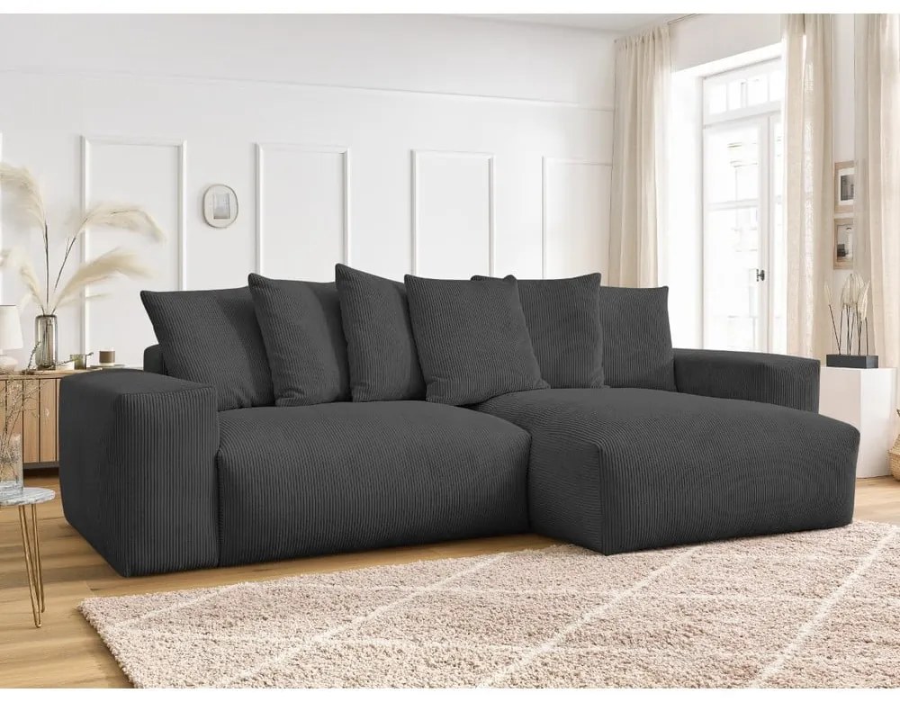 Tmavosivá menčestrová rozkladacia/s úložným priestorom rohová pohovka Voltaire – Bobochic Paris