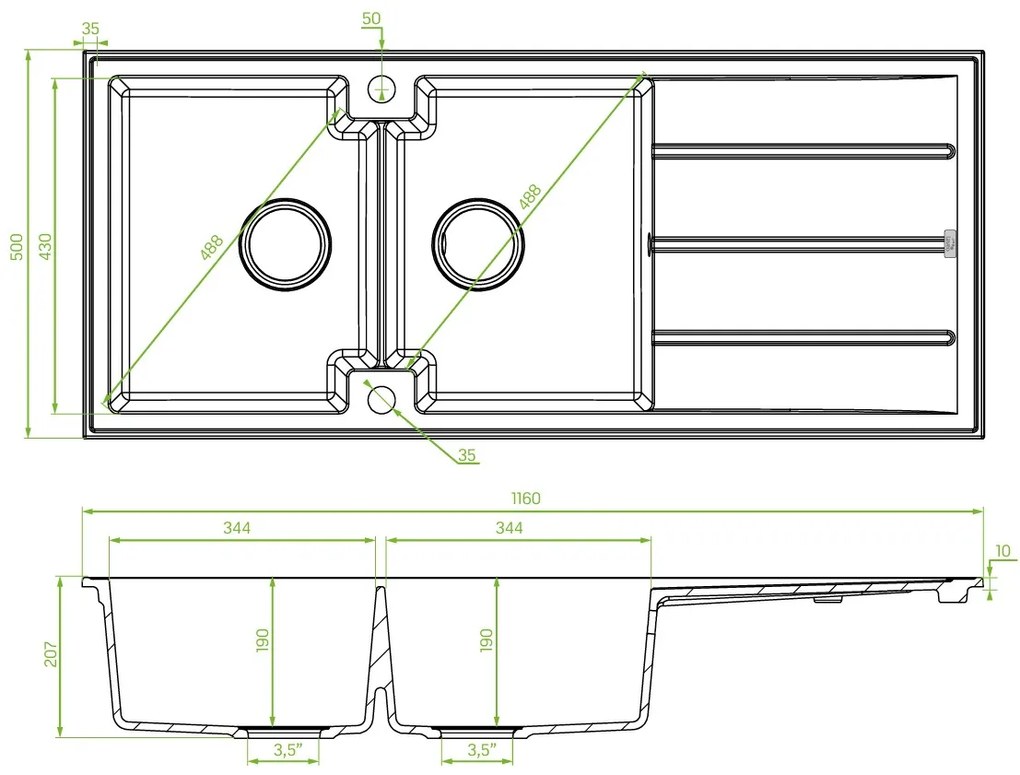 Laveo Canaria, 2-komorový granitový drez 1160x500x207 mm, čierna, LAV-SPC_B21T