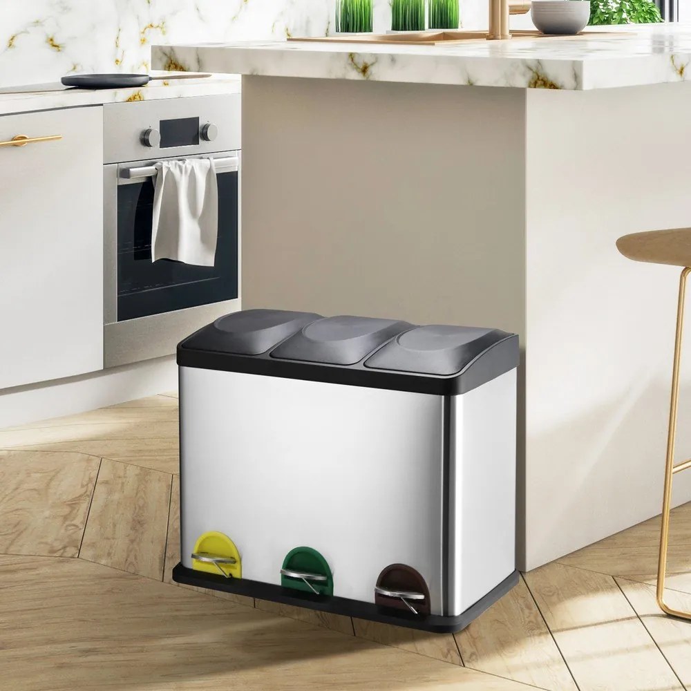 Oceľový odpadkový kôš 3x20 l na triedený odpad/nášľapný v matne striebornej farbe Tri Selectif – MSV