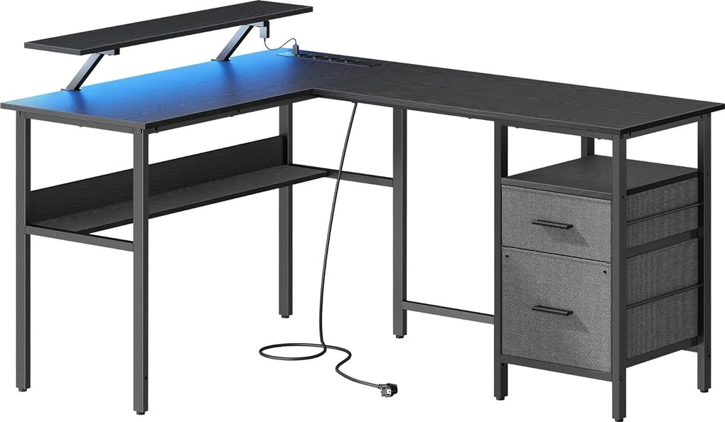 Rohový písací stôl so zásuvkami a LED Vasagle Bora čierny