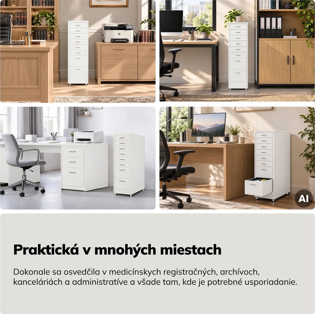 Kartotéková skrinka na kolieskach, kovová, 8 zásuviek, na dokumenty, biela, 300x1100x600 mm: SARA V8