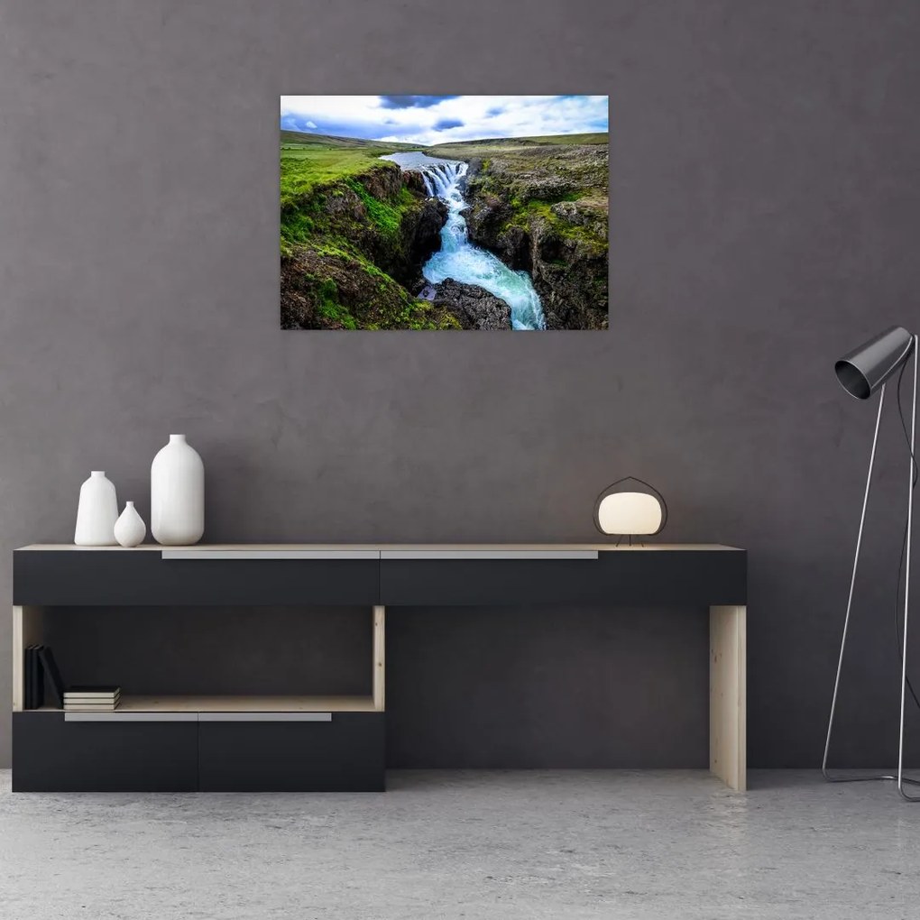 Sklenený obraz vodopádu medzi skalami (70x50 cm)