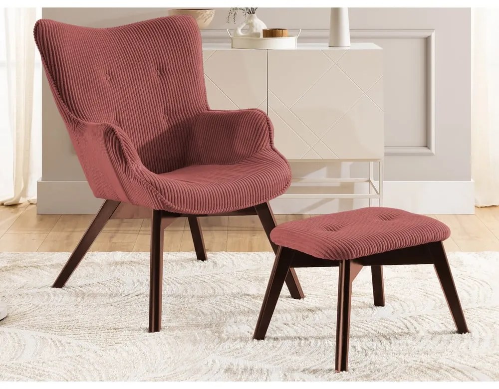 Červené menčestrové kreslo s podnožkou Niko – Ropez