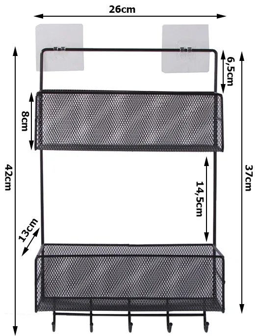 VERK GROUP Dvojposchodová závesná kovová polica do kúpeľne s 5 háčikmi, čierny ARGO