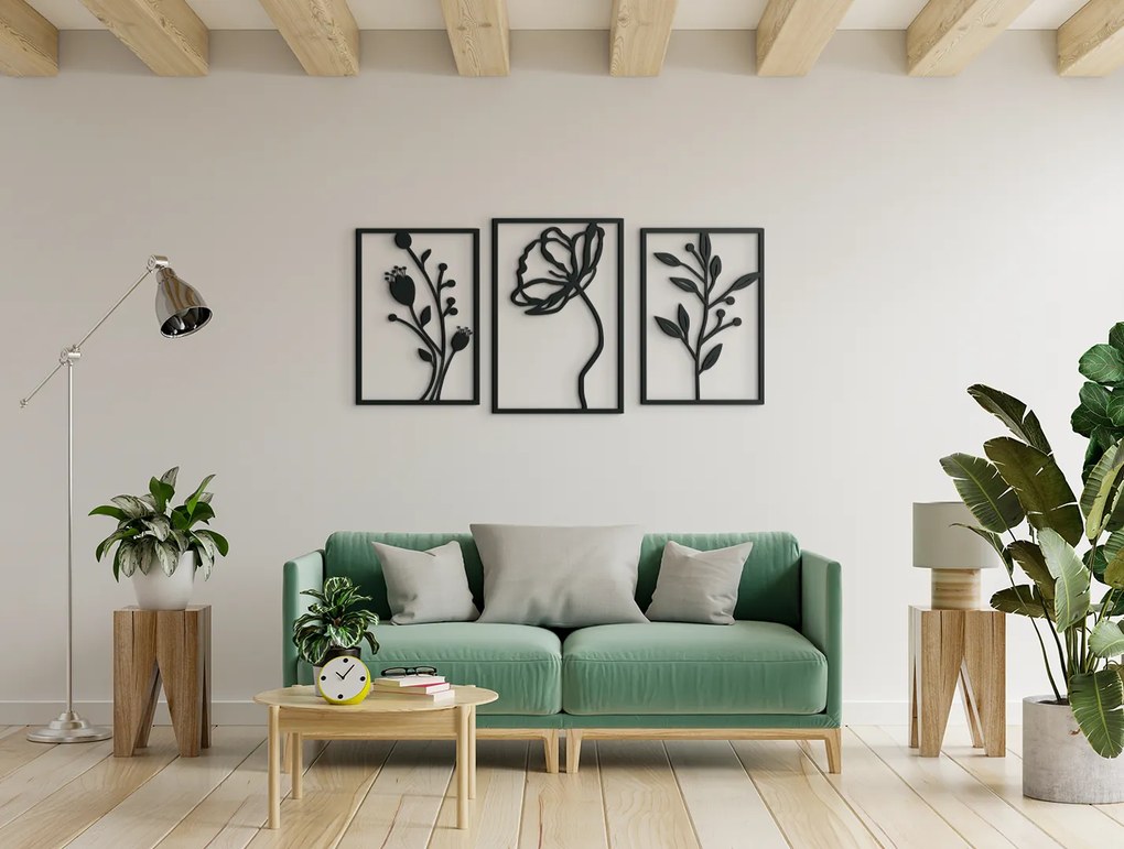drevko 3-dielna drevená dekorácia Poľné kvety Rozmer obrazu: 31 x 65 cm, Farba dekorácie: Čierna