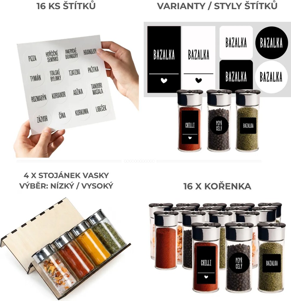 Orion Sada 16ks koreničiek SPICEBLACK 100ml + 4ks organizér na koreničky VASKY + sada 16ks štítkov
