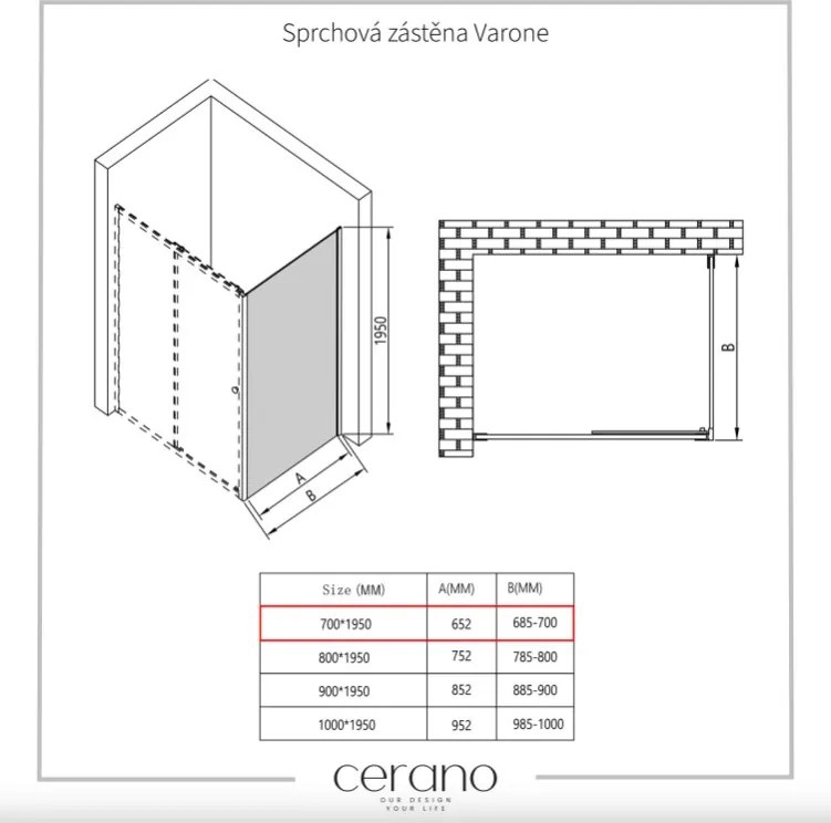 CERANO - Bočná stena Varone Ľ/P - 6 mm - čierna matná, grafitové sklo - 70x195 cm