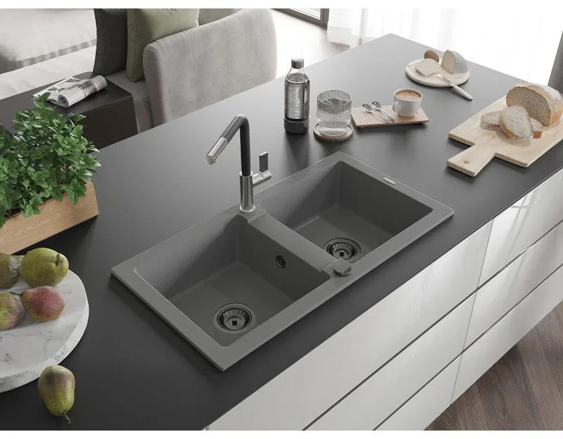Mexen Mario, 2-komorový granitový drez 820x436x161 mm a drezová batéria Flora, šedá, 6504-71-670401-07-B