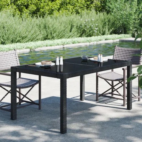 vidaXL Záhradný stôl 150x90x75 cm tvrdené sklo a polyratan čierny-